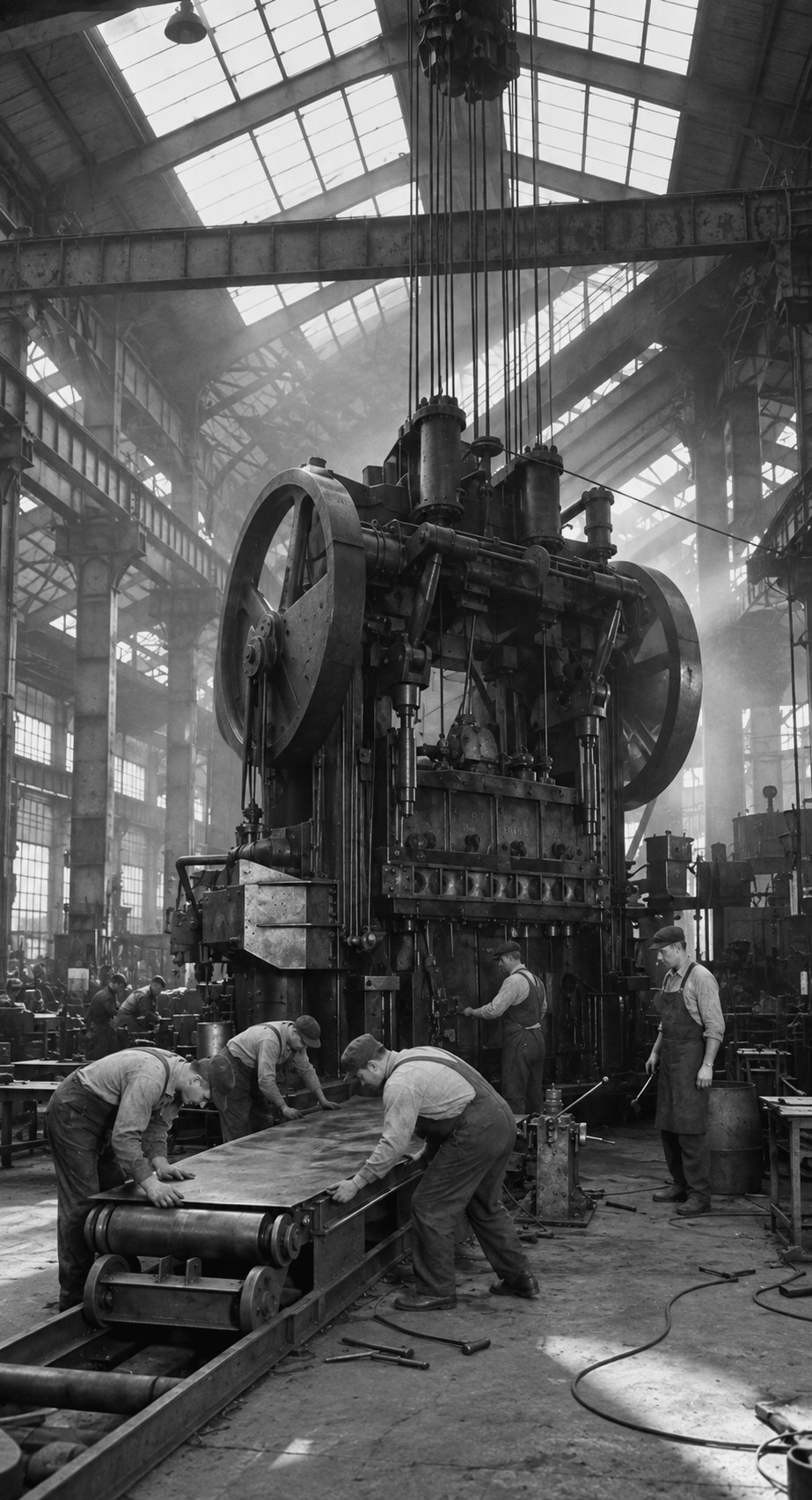 A large press with two flywheels in a skylit factory hall; in the foreground, workers guide a steel plate along a roller table while others tend the machine.