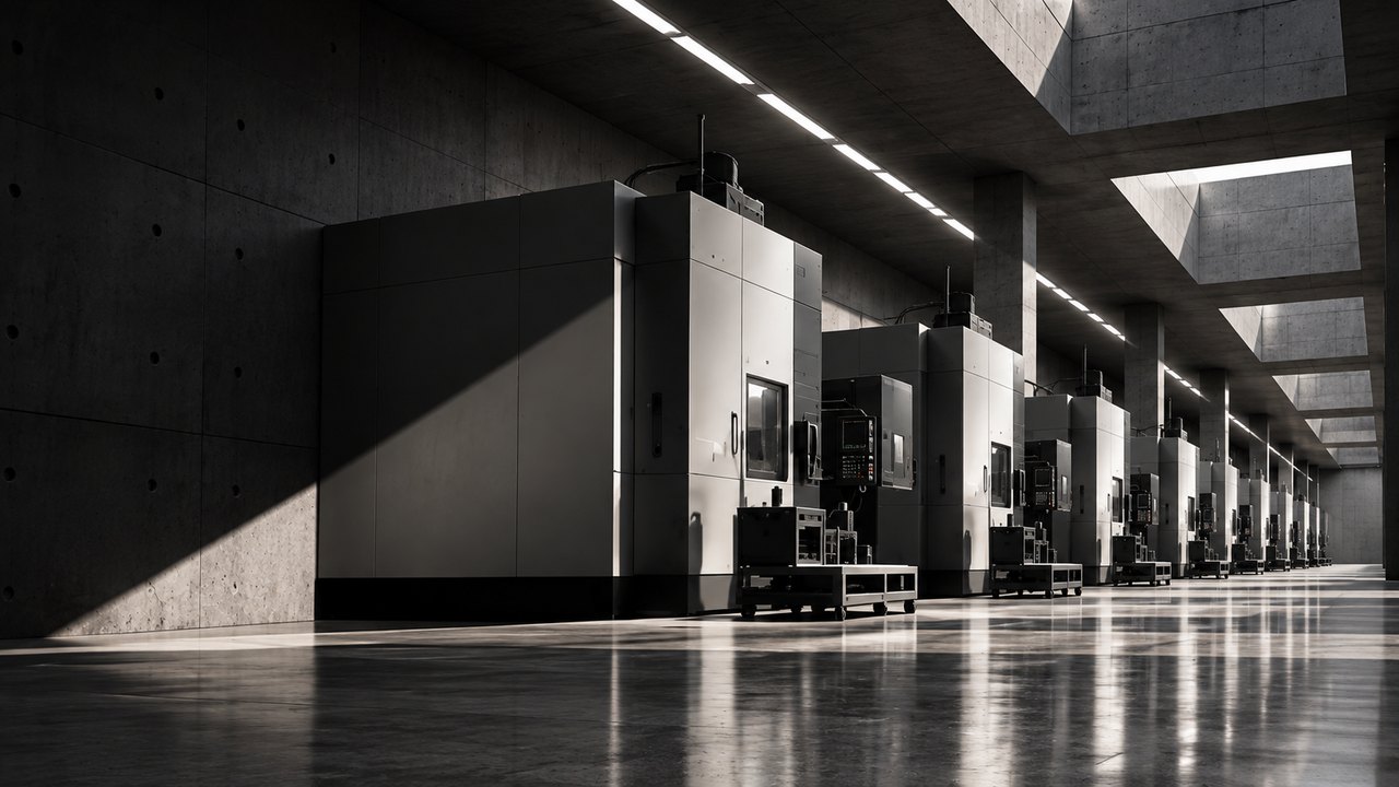 Machining centres in a row along a concrete hall, lit from skylights and a line of ceiling lights.