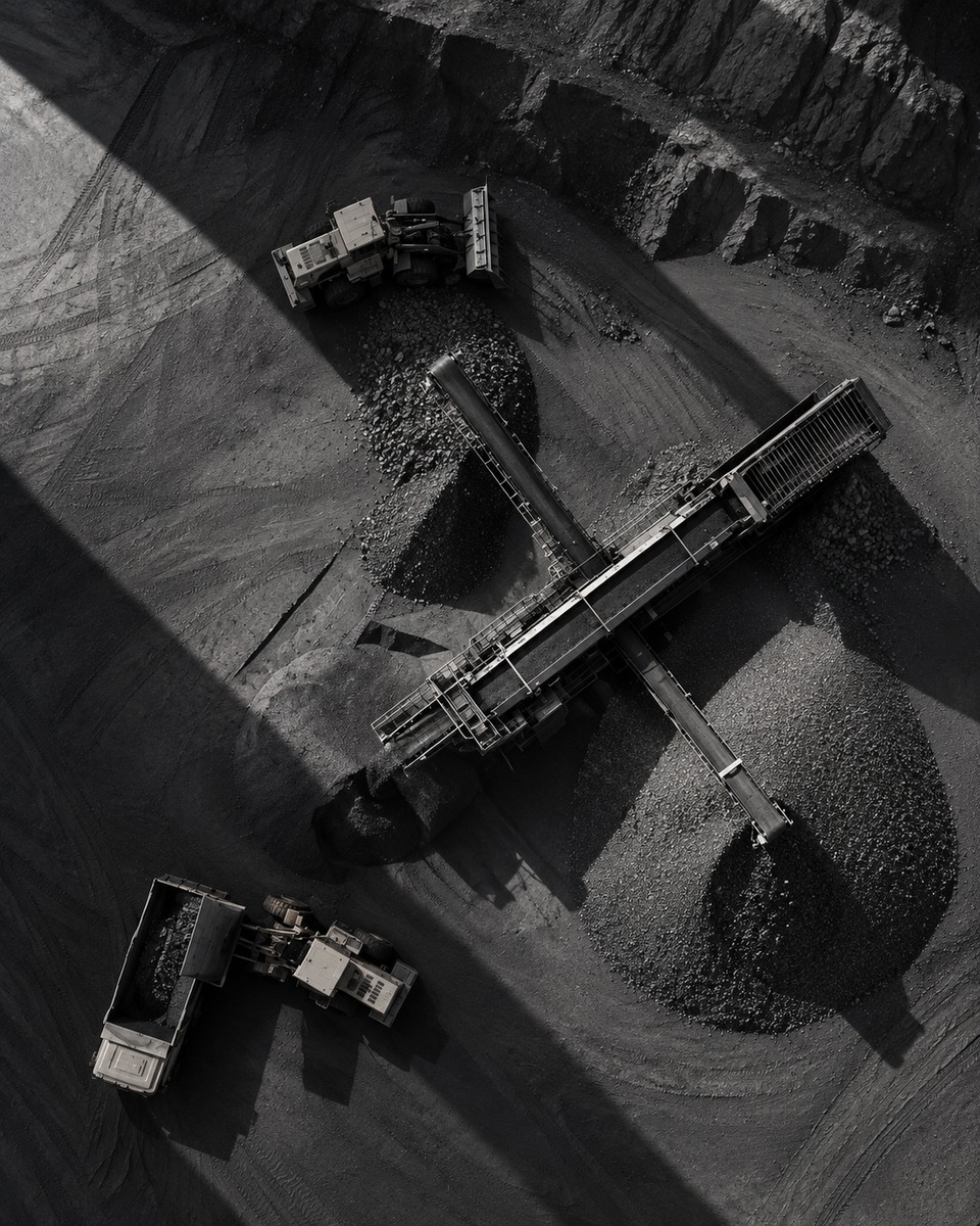 Aerial view of a conveyor and screening plant crossing stockpiles of crushed stone, with a wheel loader and a haul truck, under a diagonal band of shadow.