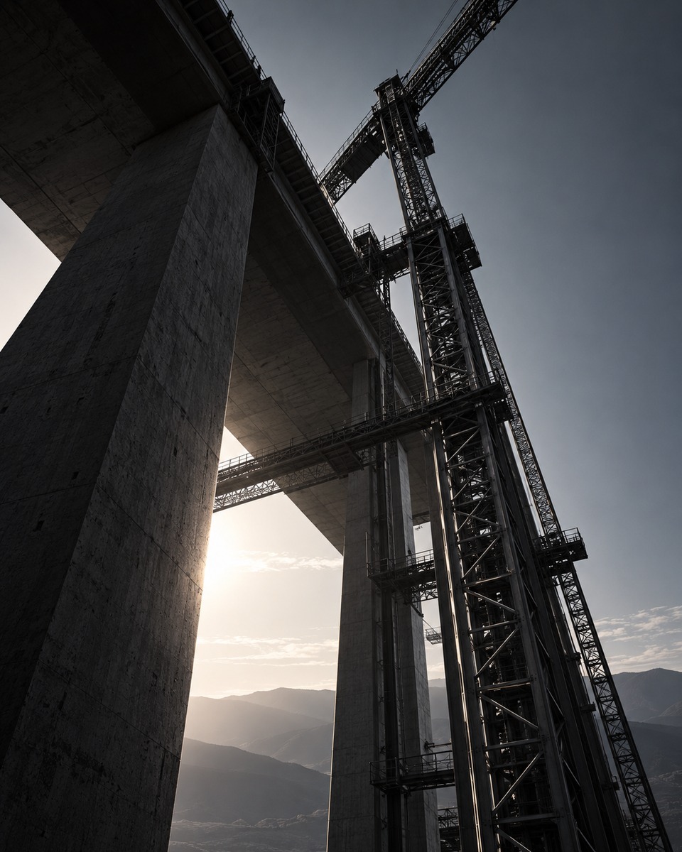 Looking up at the concrete piers and deck of a viaduct beside a steel lattice construction tower and crane, against a pale sky and distant hills.