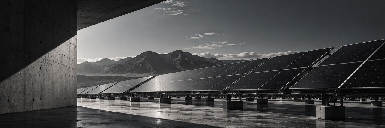 Rows of solar panels on concrete footings seen from beneath a concrete overhang, with a mountain range beyond.